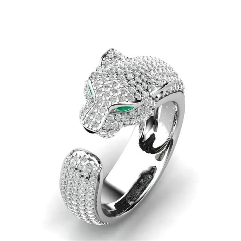 Adjustable Jaguar Ring made of 18K Silver and 18K Rose Gold with Green Zirconia Eyes 0
