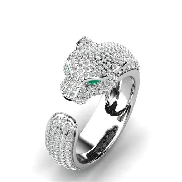 Adjustable Jaguar Ring made of 18K Silver and 18K Rose Gold with Green Zirconia Eyes 1