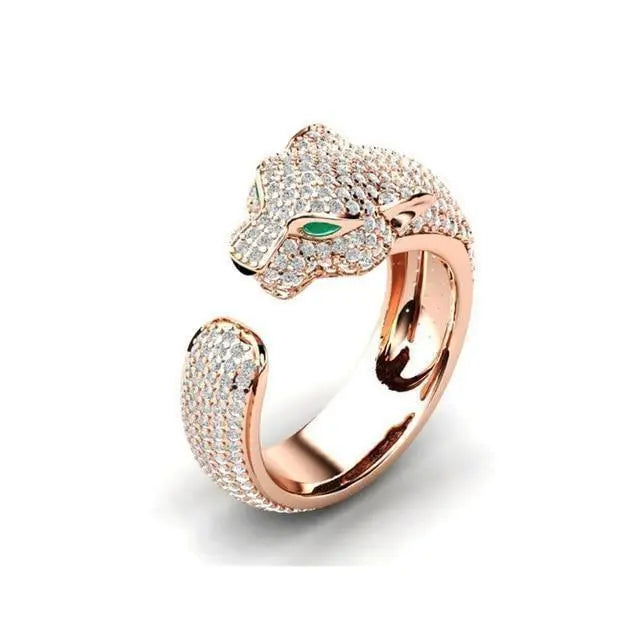 Adjustable Jaguar Ring made of 18K Silver and 18K Rose Gold with Green Zirconia Eyes 2