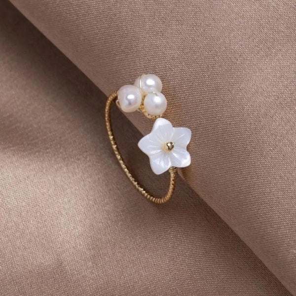 Adjustable Pearl Flower Ring in Gold 0
