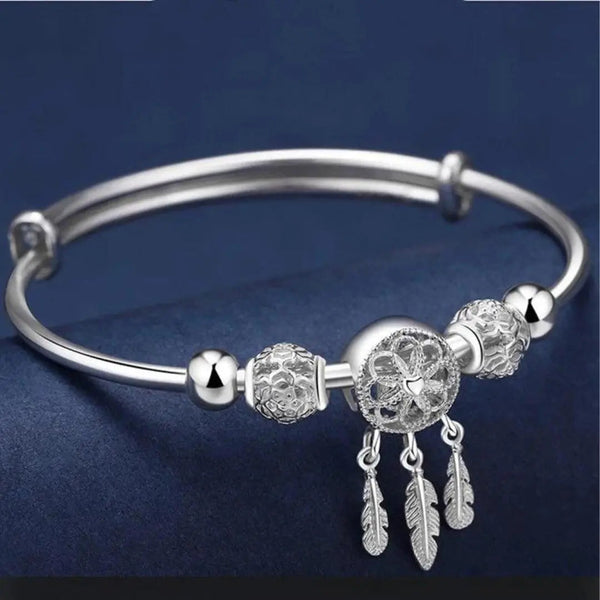 Adjustable bracelet with triple leaf charms made of 925 sterling silver 0
