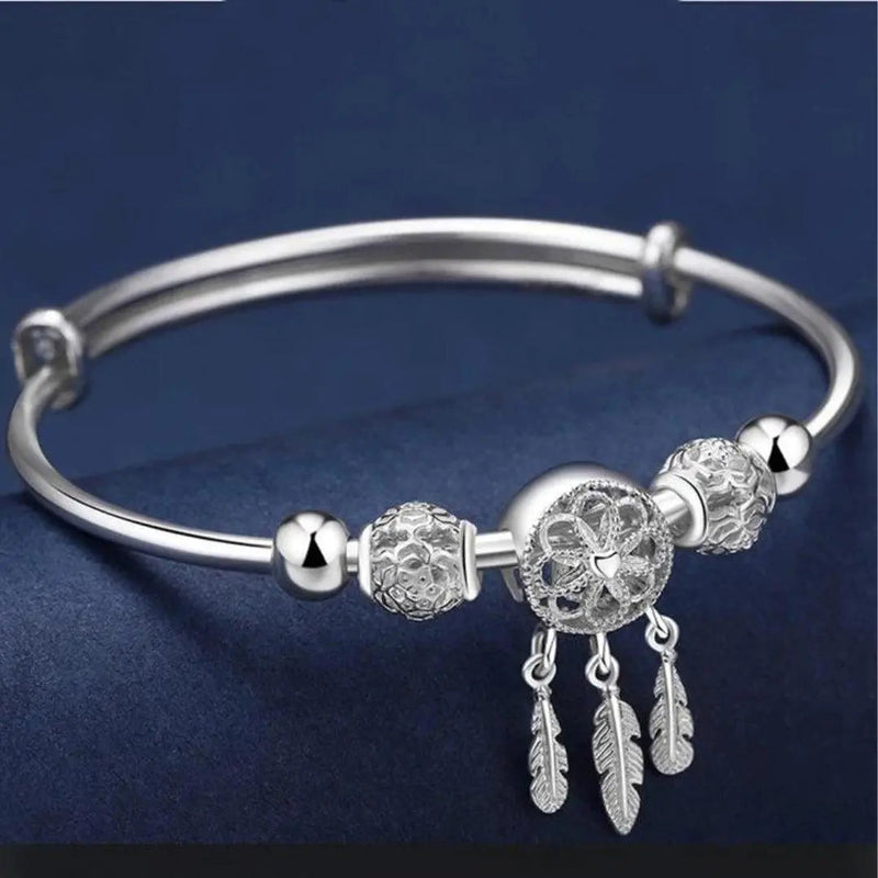 Adjustable bracelet with triple leaf charms made of 925 sterling silver 0