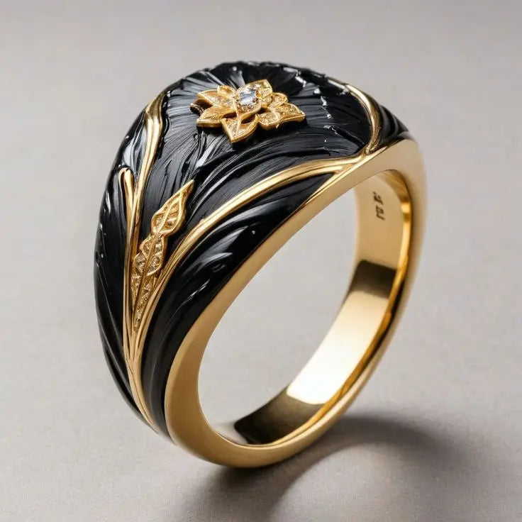 Black enamel ring in vintage gold 0