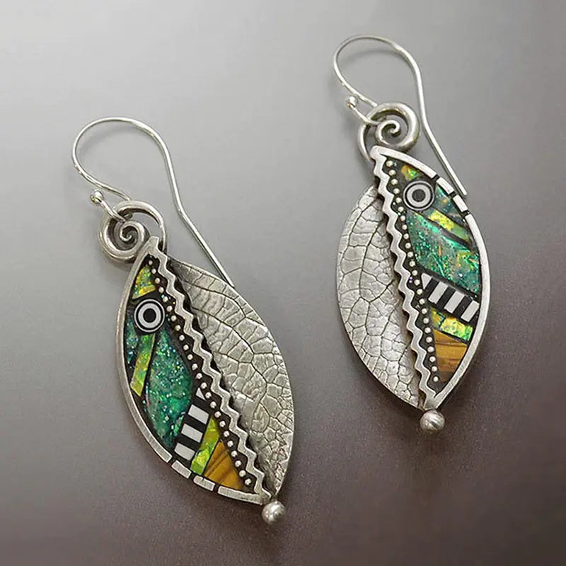 Boho Earrings with Green Crystals in Silver 0