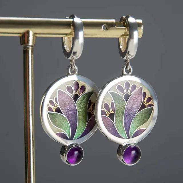 Boho Earrings with Purple Crystals in Sterling Silver 0