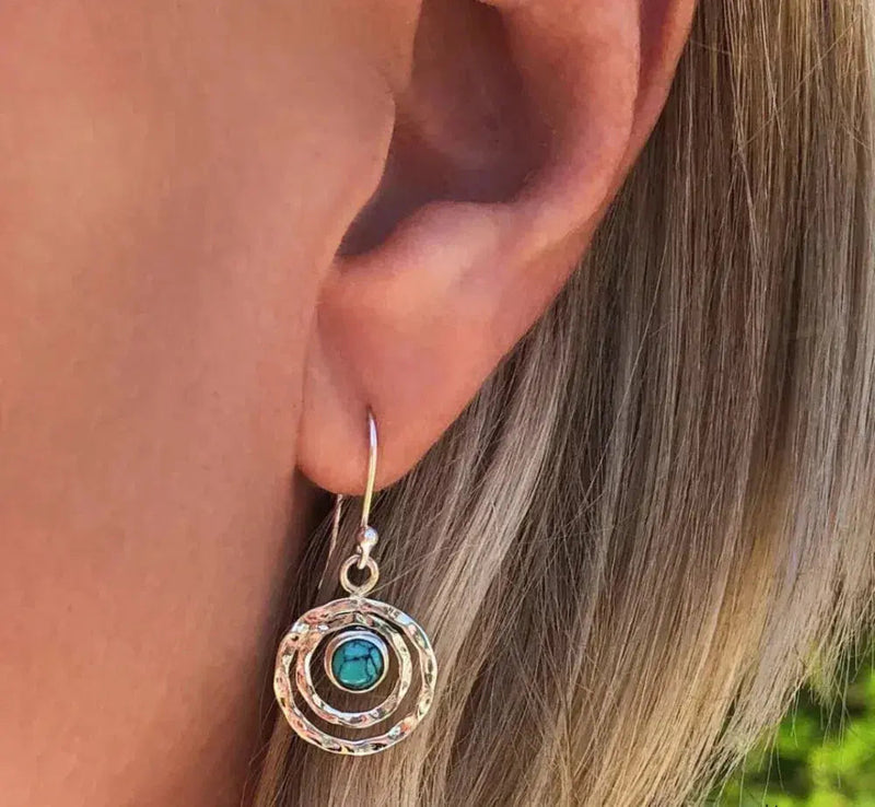 Boho saturn earrings with turquoise stone in silver and gold 0