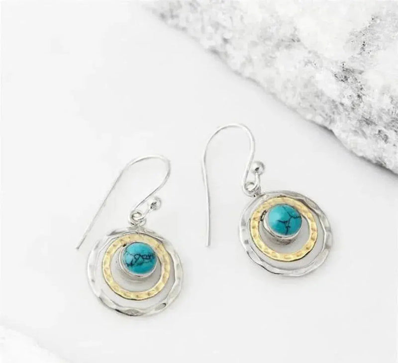 Boho saturn earrings with turquoise stone in silver and gold 1