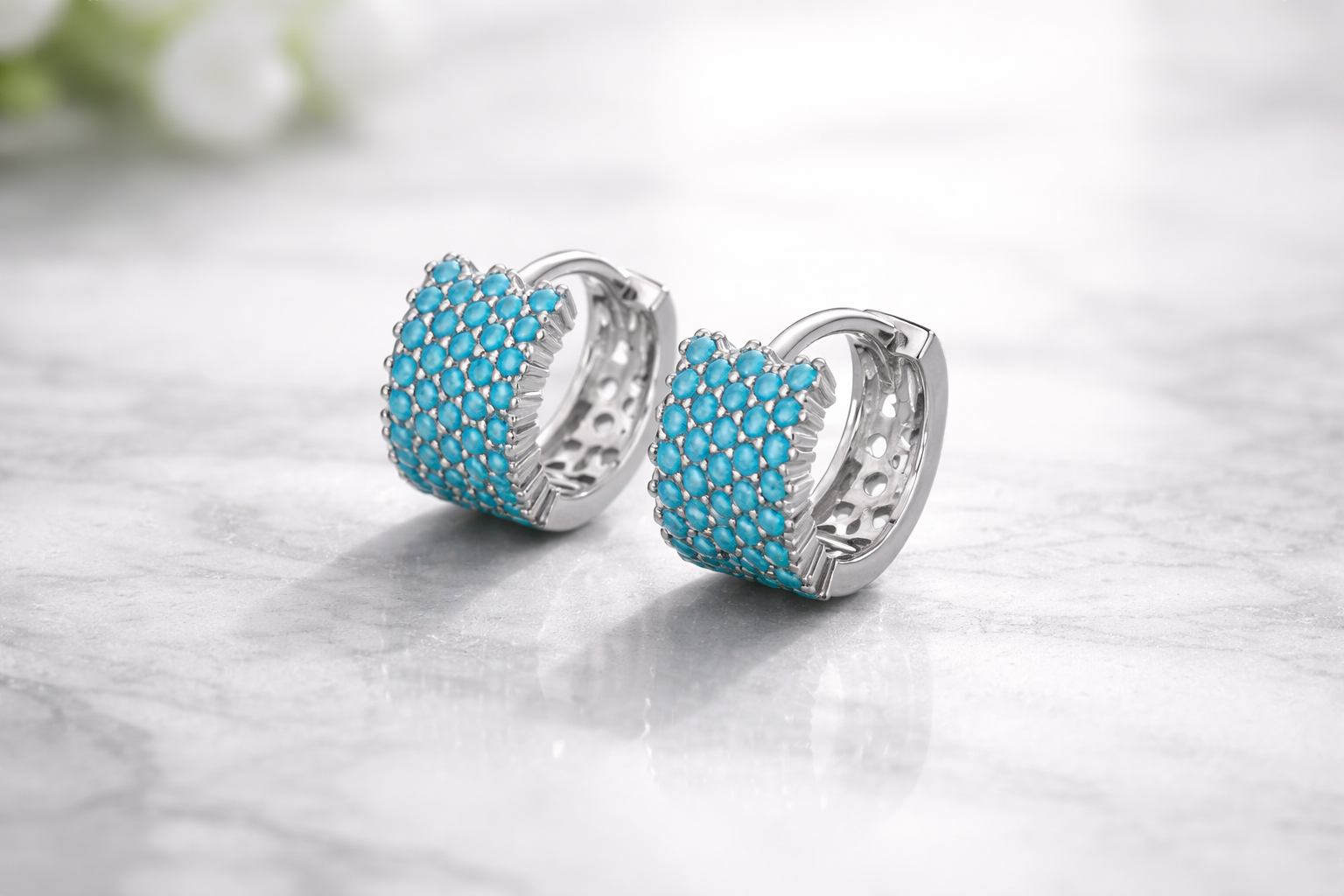 Vintage Turquoise Hoop Earrings in 925 Sterling Silver