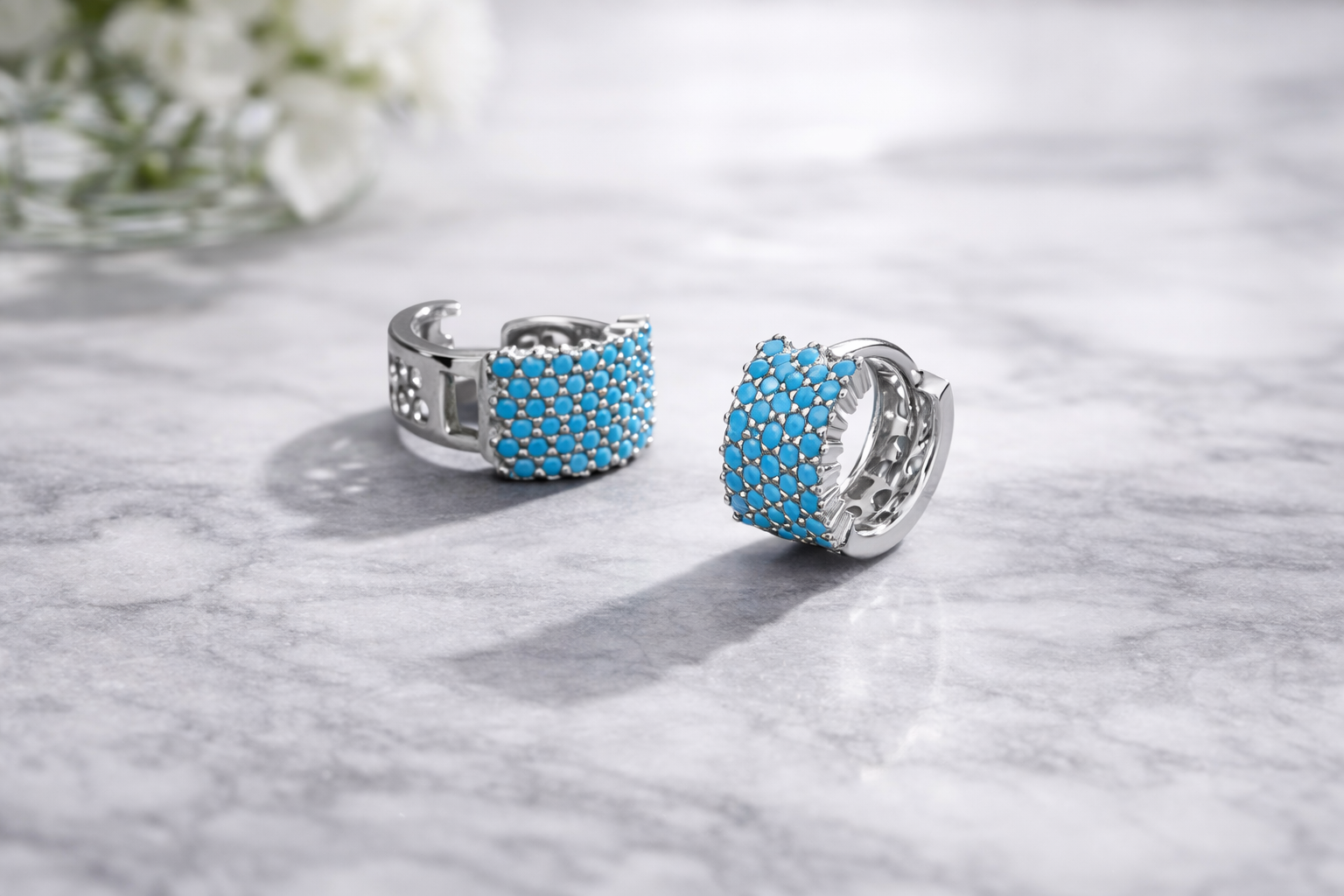 Vintage Turquoise Hoop Earrings in 925 Sterling Silver