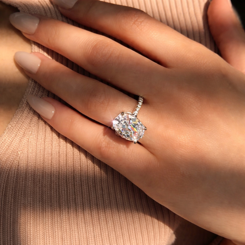 Oval-Cut Moissanite Ring with Hidden Halo Setting