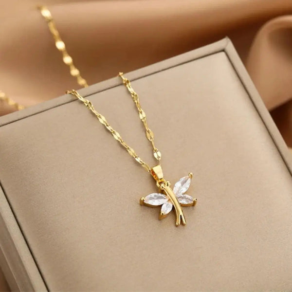 Crystal Dragonfly Necklace in Gold 0