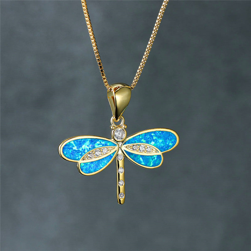 Dragonfly Necklace in Gold with Opal 3