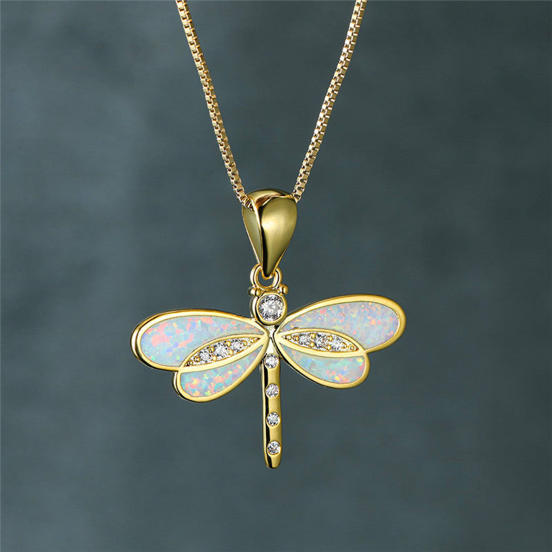 Dragonfly Necklace in Gold with Opal 4