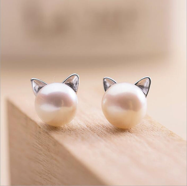 Earrings Kittens with Cultured Pearls and Silver 1