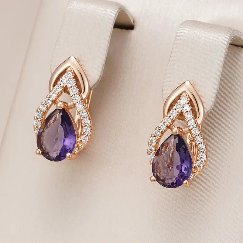 Elegant purple crystal drop earrings in gold 0