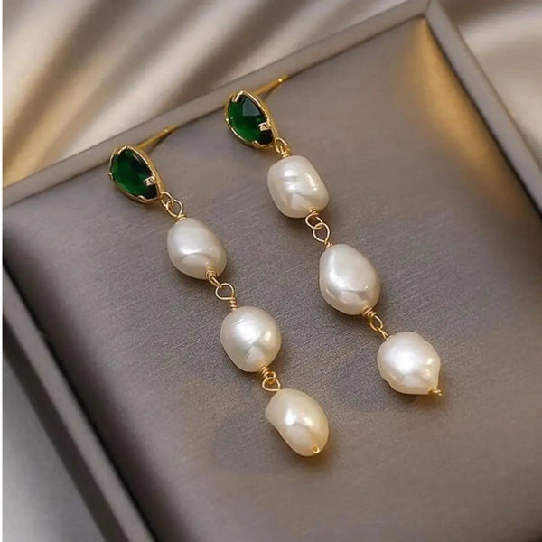 Emerald Pearl Pendant Earrings in Gold 0