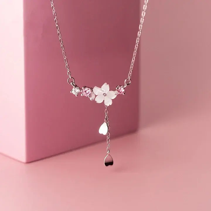 Floral Necklace with Pink Stones in Silver 0