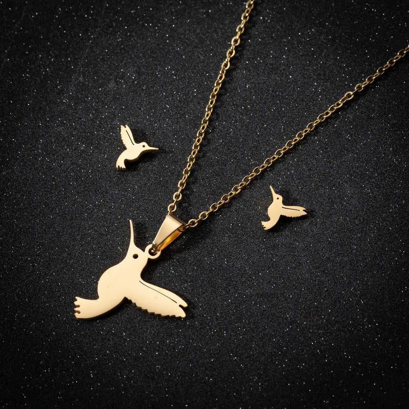 Golden Hummingbird Necklace + Earrings 0