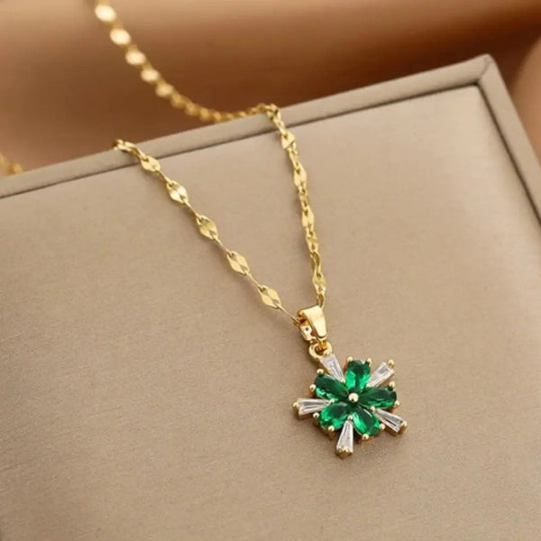 Green Crystal Flower Necklace in Gold 0
