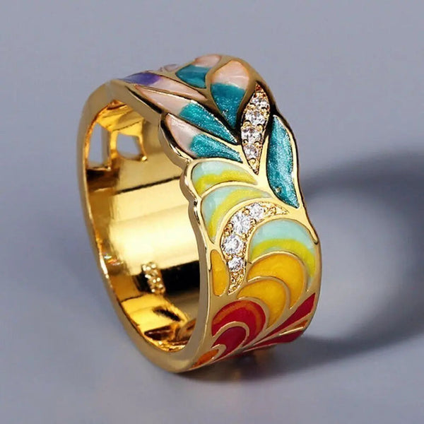 Hand-painted Floral Ring in Vintage Gold 0