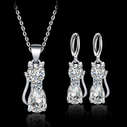Happy Cat Necklace and Earring Set made of Sterling Silver and Polished White Zirconia 0