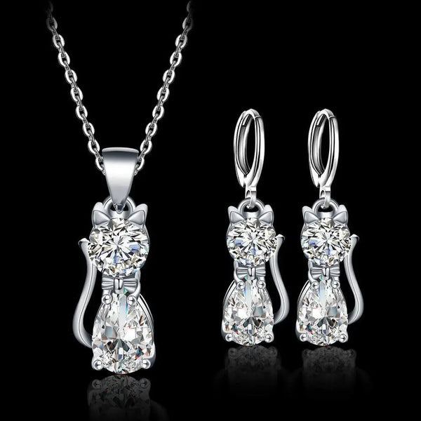 Happy Cats Necklace and Earring Set in Sterling Silver with Polished White Zirconia 0