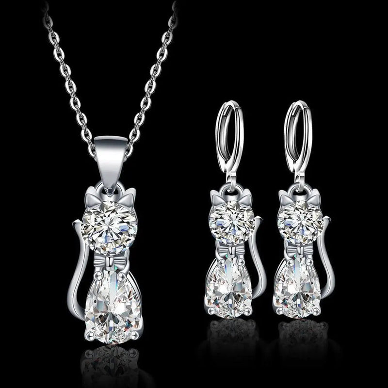 Happy Cats Necklace and Earring Set in Sterling Silver with Polished White Zirconia 0