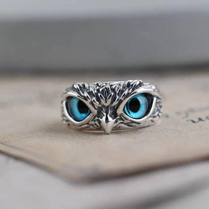 Owl of good luck adjustable ring in silver and opal 0