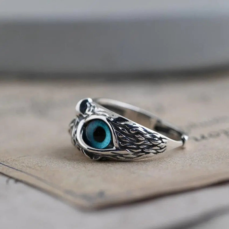Owl of good luck adjustable ring in silver and opal 2