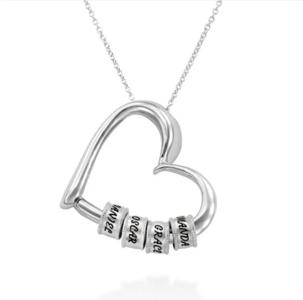 Personalized heart necklace with the option to attach rings and custom name engravings 2