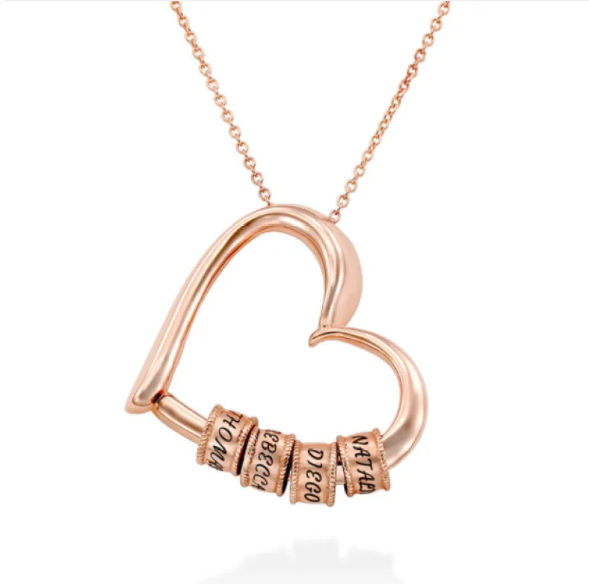 Personalized heart necklace with the option to attach rings and custom name engravings 3