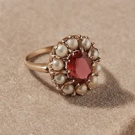 Red Crystal Ring with Vintage Pearls 0