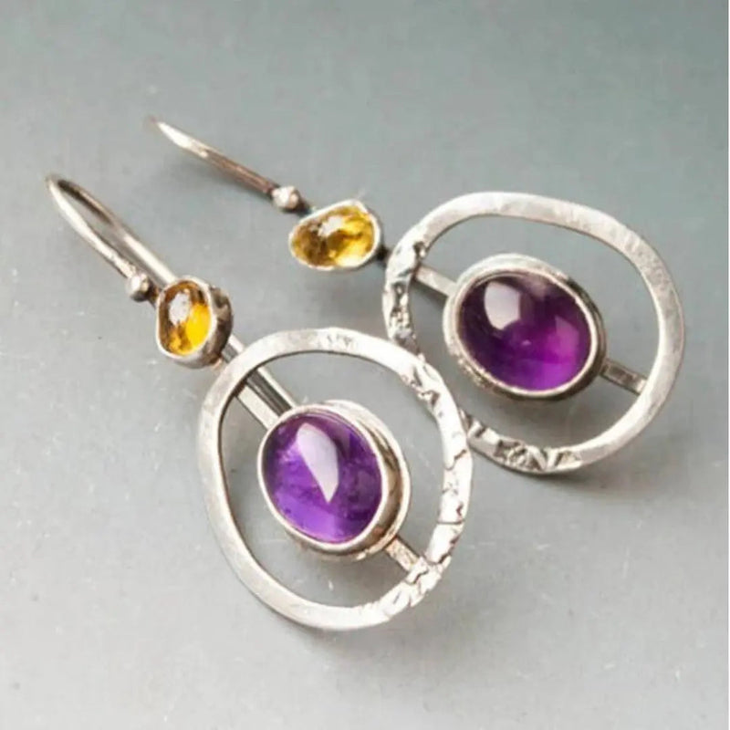 Round Boho Earrings with Amethyst in Silver 0