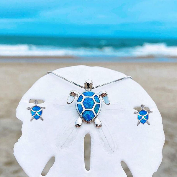 Sea Turtle Necklace + Earrings Set in Opal and Silver 0