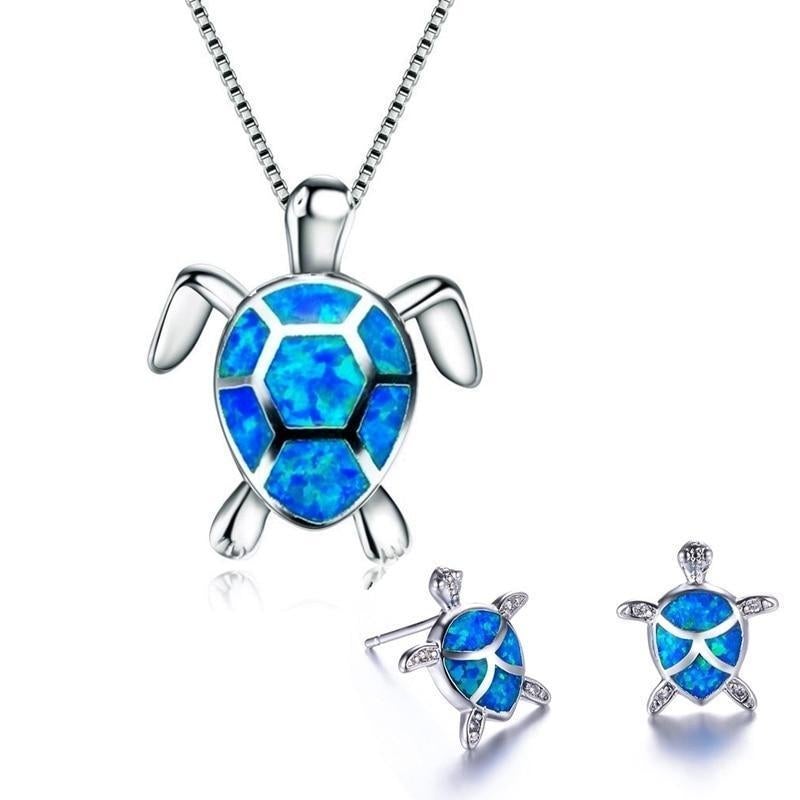 Sea Turtle Necklace + Earrings Set in Opal and Silver 2