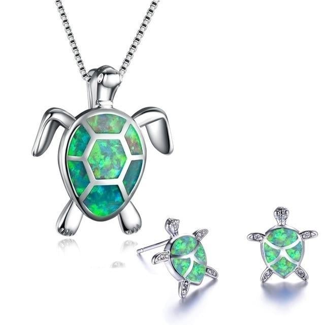 Sea Turtle Necklace + Earrings Set in Opal and Silver 3