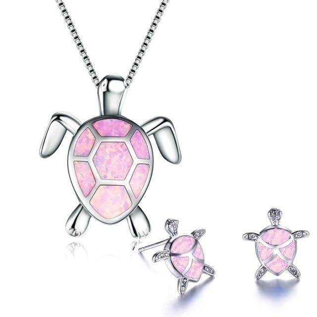 Sea Turtle Necklace + Earrings Set in Opal and Silver 4
