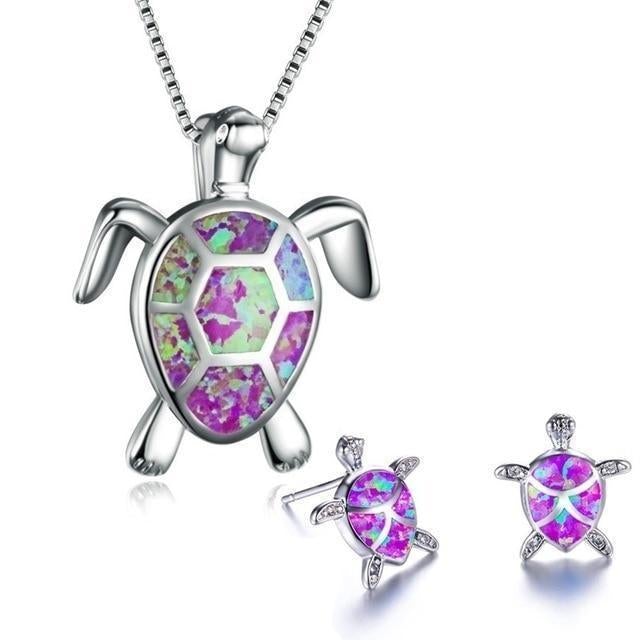 Sea Turtle Necklace + Earrings Set in Opal and Silver 5