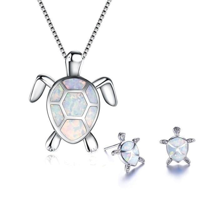 Sea Turtle Necklace + Earrings Set in Opal and Silver 6