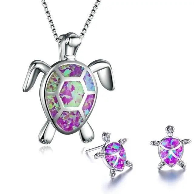 Sea Turtle Necklace + Earrings Set made of Opal and Silver 6
