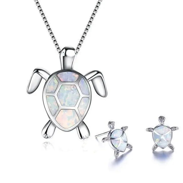 Sea Turtle Necklace + Earrings Set made of Opal and Silver 7