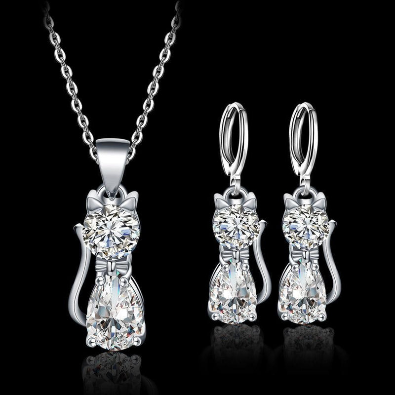 Set Necklace + Earrings Happy Cats in Sterling Silver and Polished White Zirconium 0