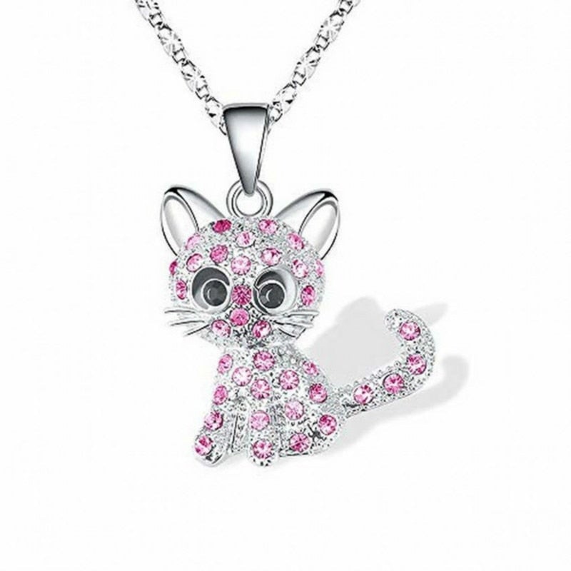 Silver necklace with cat pendant and colored zirconia stones 2