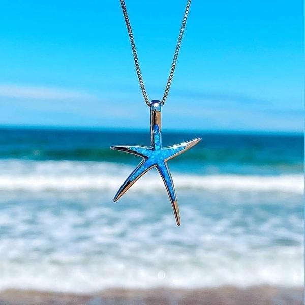 Silver necklace with starfish pendant made of blue opal 0