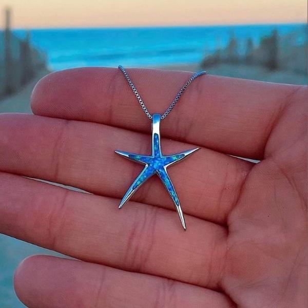 Silver necklace with starfish pendant made of blue opal 1