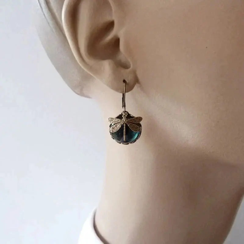 Spherical dragonfly earrings in antique gold 2