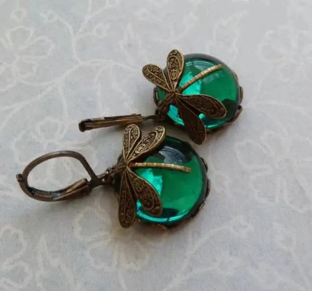 Spherical dragonfly earrings in antique gold 5