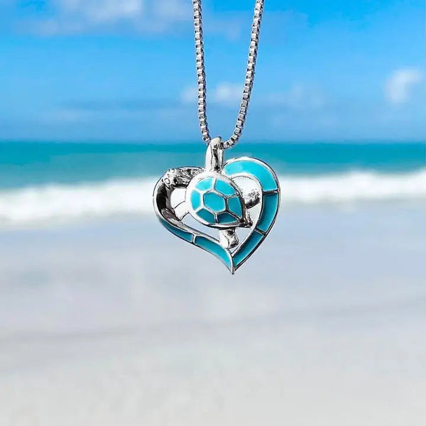 Turtle Heart Necklace Blue and Silver 0