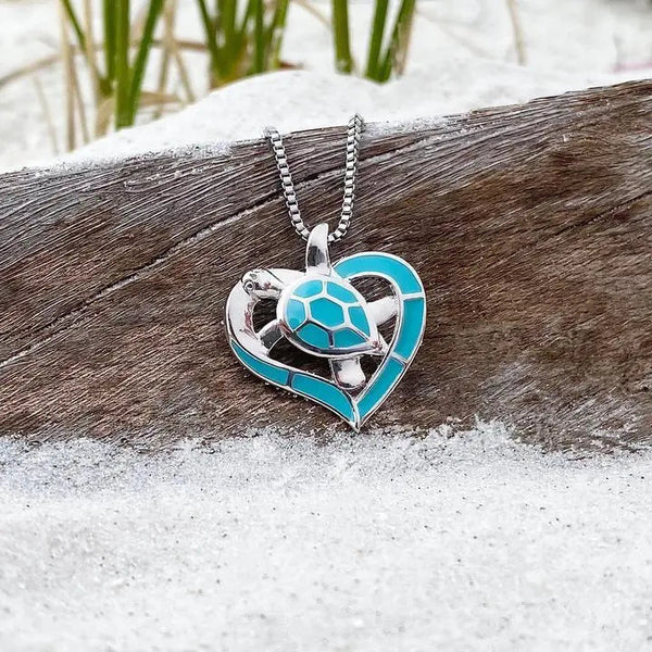 Turtle Heart Necklace Blue and Silver 1