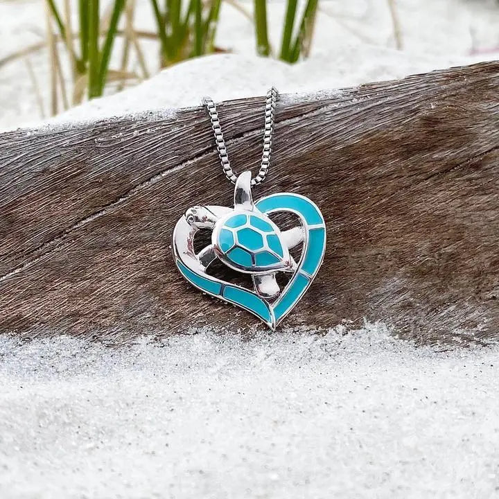Turtle Heart Necklace Blue and Silver 1